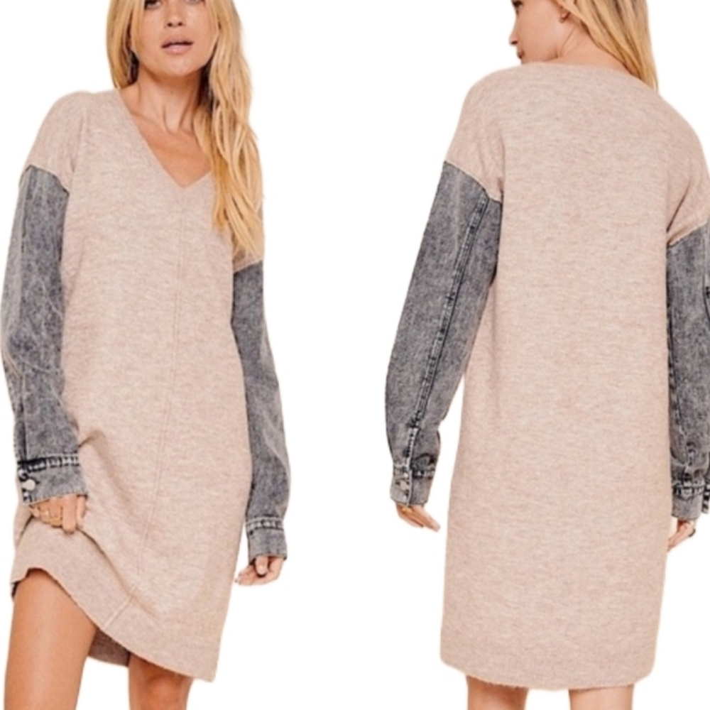 NWT  Hem & Thread  Denim Sleeve  Sweater Dress  Women's M Beige w/Charcoal - Picture 3 of 10